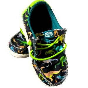 Hey Dude Kids Sneakers - Black and Neon Green Dinosaur Print